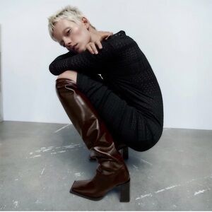 ZARA LEATHER HEELED OVER-THE-KNEE BOOTS BURGUNDY Size 36